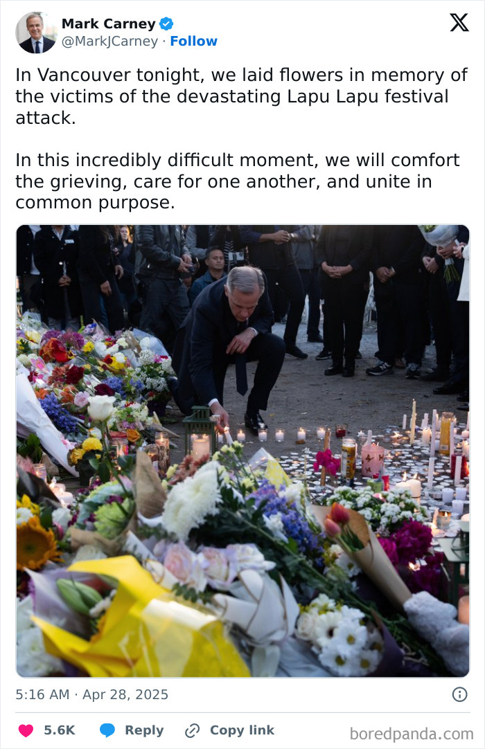 Vigil in Vancouver with flowers and candles honoring victims of festival attack.