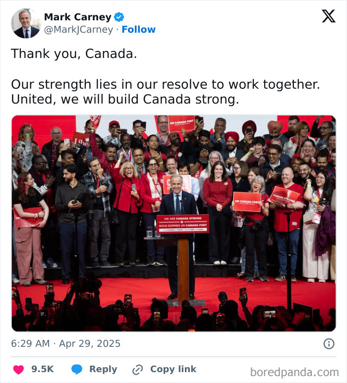Mark Carney at a podium in front of supporters, addressing a crowd during a Canada election victory event.