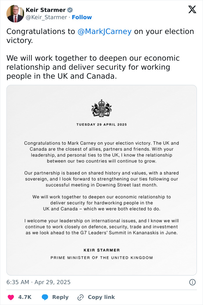 Keir Starmer congratulates Mark Carney on his election victory, emphasizing UK-Canada economic relations.