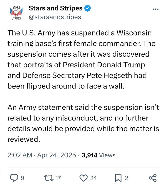 Army Suspends Base&rsquo;s First Female Commander After Trump, Hegseth Portraits Were Flipped Around