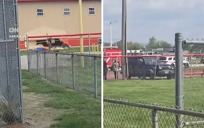 Vehicle crash scene at Illinois after-school camp with emergency responders and bystanders near a fenced sports field.