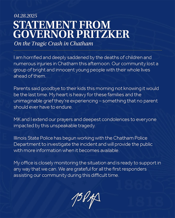 Statement from Governor Pritzker on four young victims killed after vehicle crashes into Illinois after-school camp.