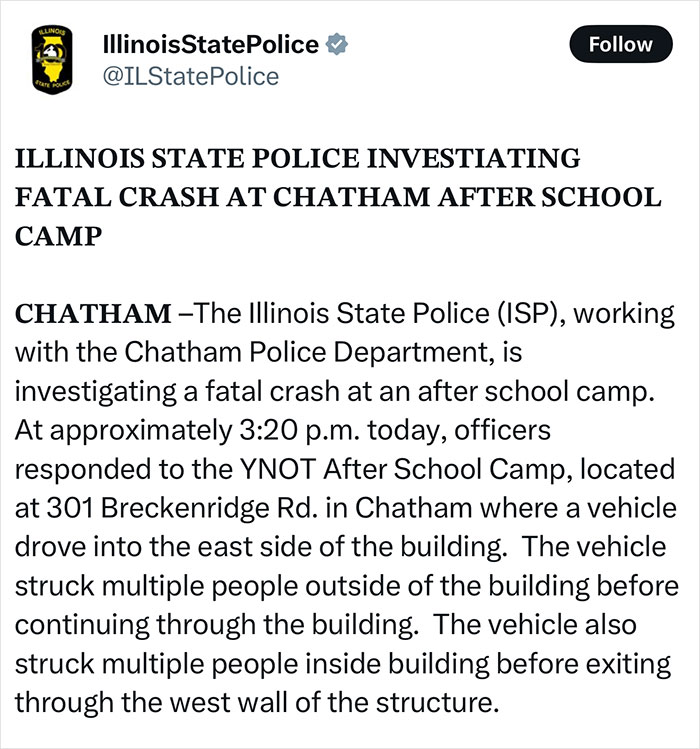 Illinois State Police tweet about fatal crash involving young victims at Illinois after-school camp under investigation.