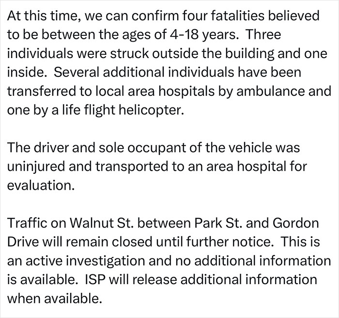 Four young victims killed after vehicle crashes into Illinois after-school camp, with injured transferred to local hospitals.
