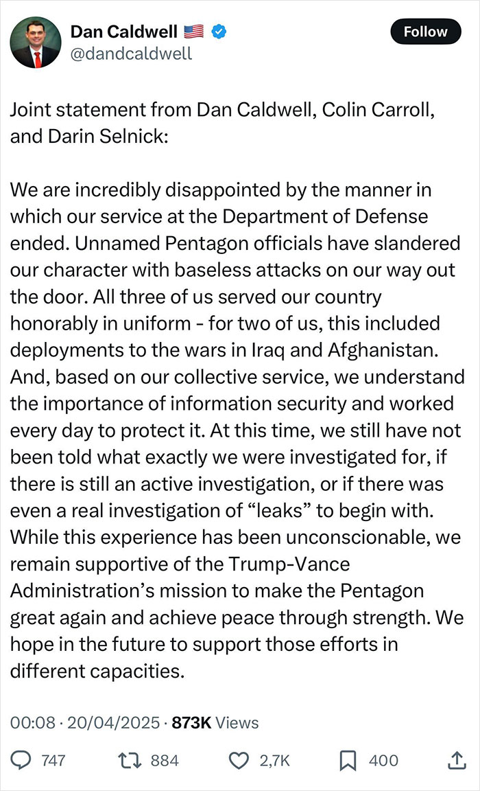 Statement on defense department service by Dan Caldwell, addressing war plans and information security concerns.