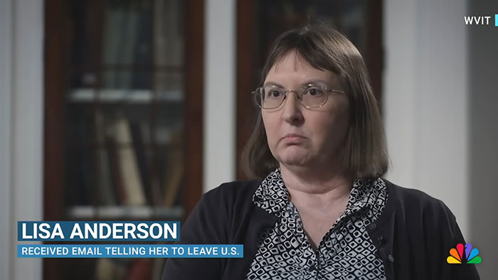 Woman sitting in an interview, addressing immigration orders for a US-born doctor to leave the country immediately.