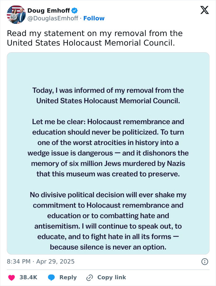 Tweet from Doug Emhoff addressing his removal from the United States Holocaust Memorial Council amid Trump firing Doug Emhoff.
