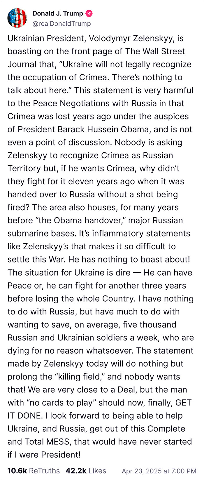 Tweet critiquing Zelenskyy's Crimea stance amid NATO jet scrambles and Putin's Ukraine strikes.