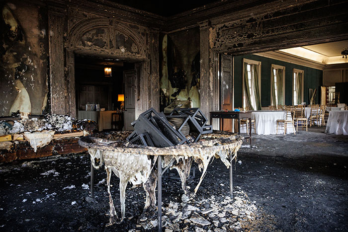 Burned interior of Josh Shapiro's home, showcasing damage from the fire set by Cody Balmer.
