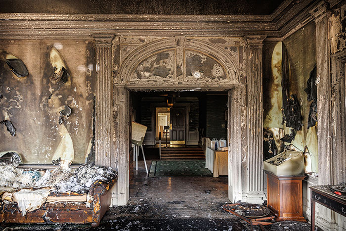 Damaged interior showing aftermath of fire linked to Cody Balmer's alleged arson at PA Governor Josh Shapiro's home.