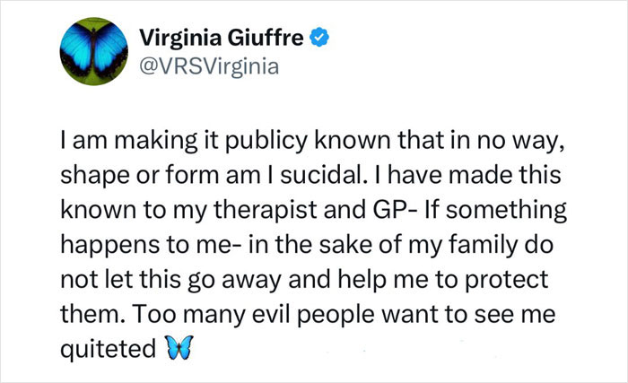 Virginia Giuffre tweet clarifying she is not suicidal amid Epstein conspiracy discussion.