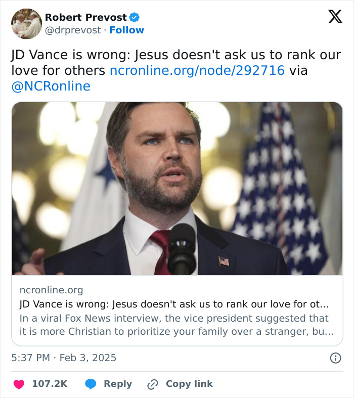 JD Vance speaking at a podium with American and Vatican flags, responding to election of Pope Robert Prevost.