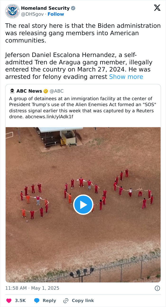 Drone footage shows migrants forming a giant SOS message at a Texas detention facility, captured from above.