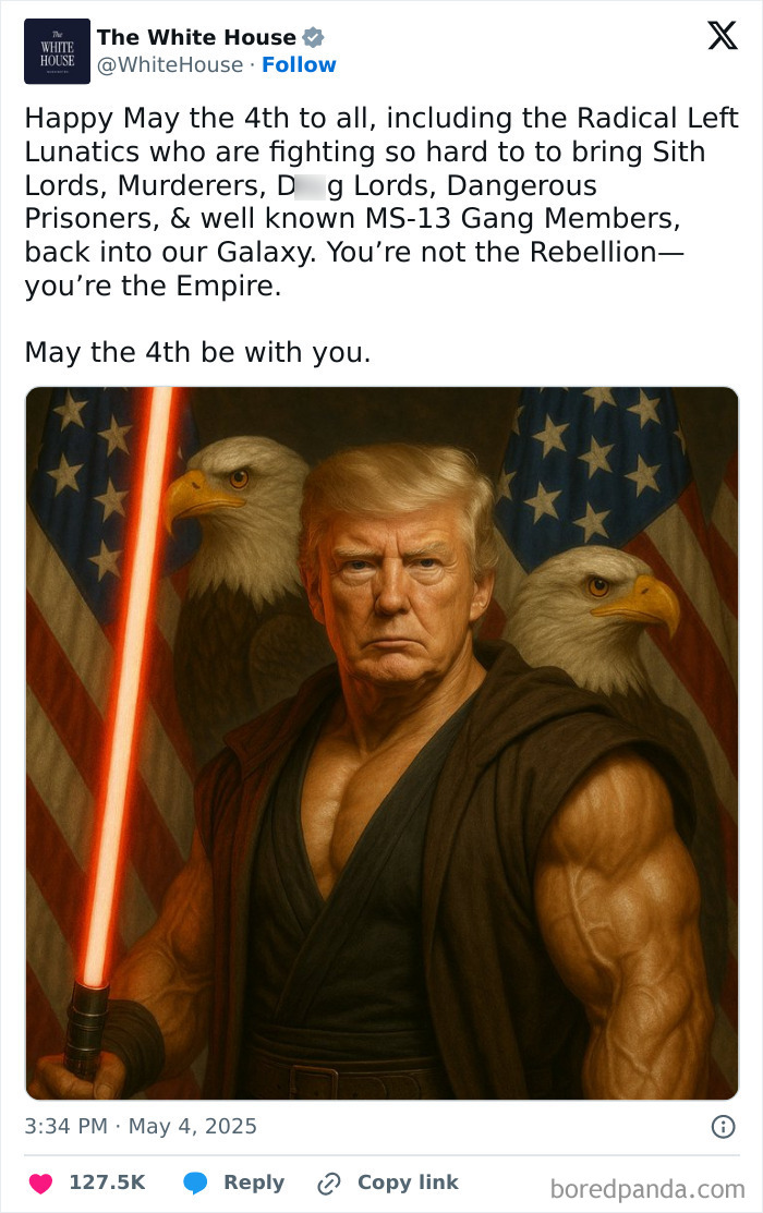 Donald Trump holding a red lightsaber with two eagles and American flags in the background on Star Wars Day.