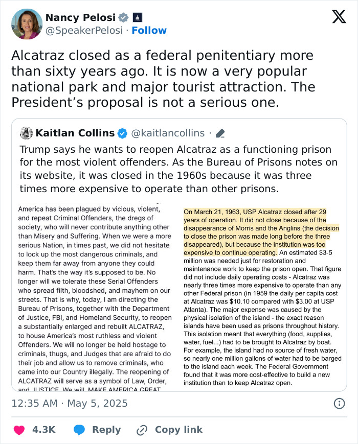 Tweet discussing Trump&rsquo;s plan to reopen and expand the notorious Alcatraz prison amid deportation and criminal justice debates.