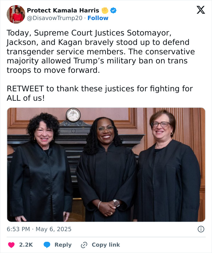 Three Supreme Court justices stand smiling in robes inside a courtroom, related to court ruling on trans troops policy.