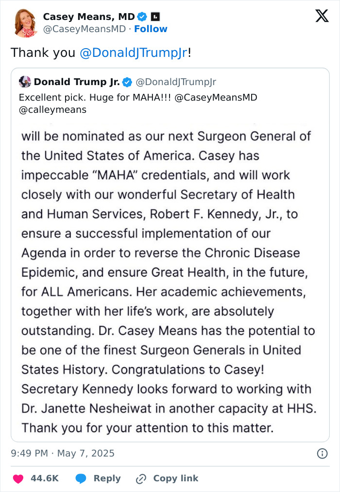 Tweet from Casey Means MD thanking Donald Trump Jr, highlighting nomination for Surgeon General and connections to wellness influencer themes.