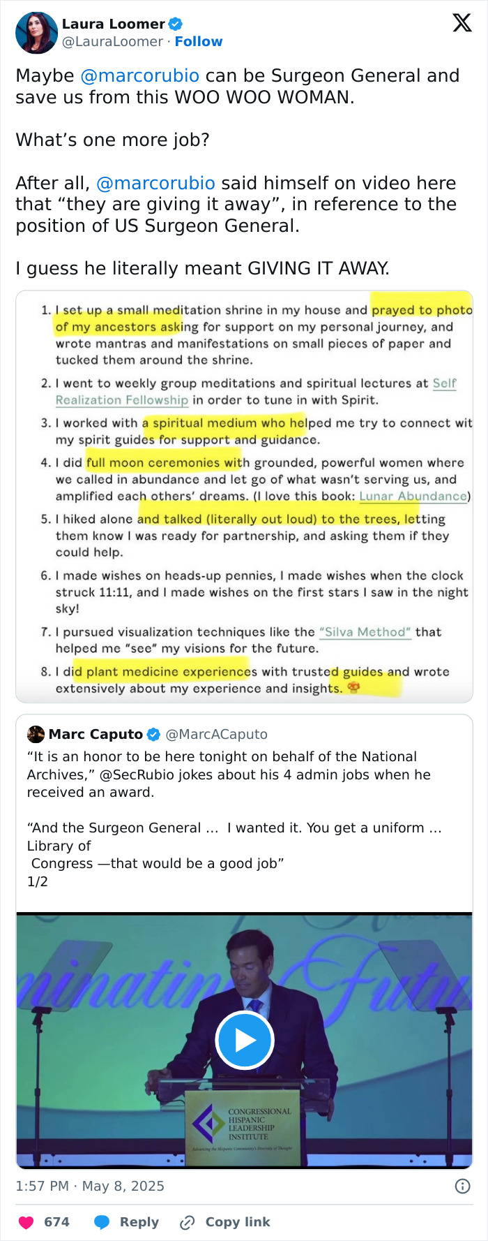 Tweet discussing Trump drops vaccine-friendly nominee and wellness influencer picked for new Surgeon General with highlighted spiritual practices.