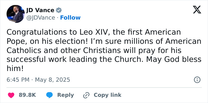 Tweet by JD Vance congratulating first U.S. Pope Robert Prevost on election as old anti-Trump posts resurface.