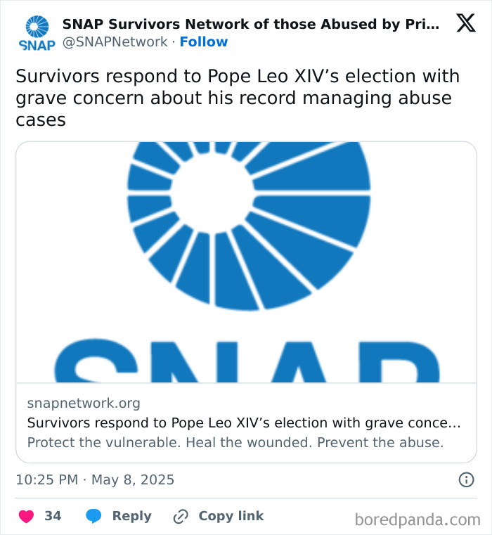 SNAP tweet about new Pope Leo XIV accused of overlooking child abuse claims at his former Chicago parish.