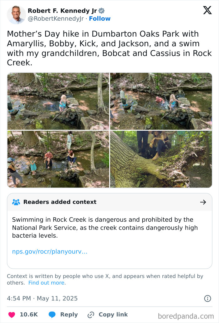 Health Secretary RFK Jr. swimming with grandchildren in a creek contaminated with sewage and harmful bacteria.