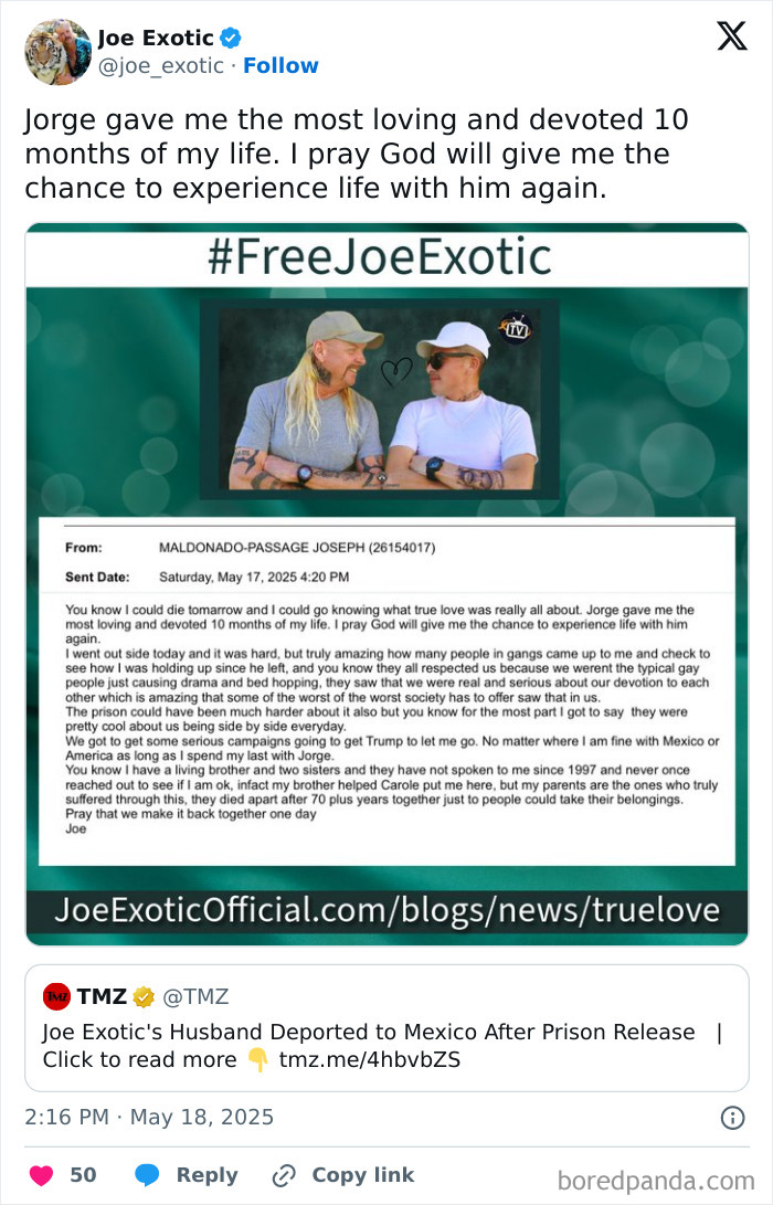 Tweet showing Joe Exotic expressing love for his husband alongside a letter about deportation and Trump deporting Joe Exotic&rsquo;s husband.
