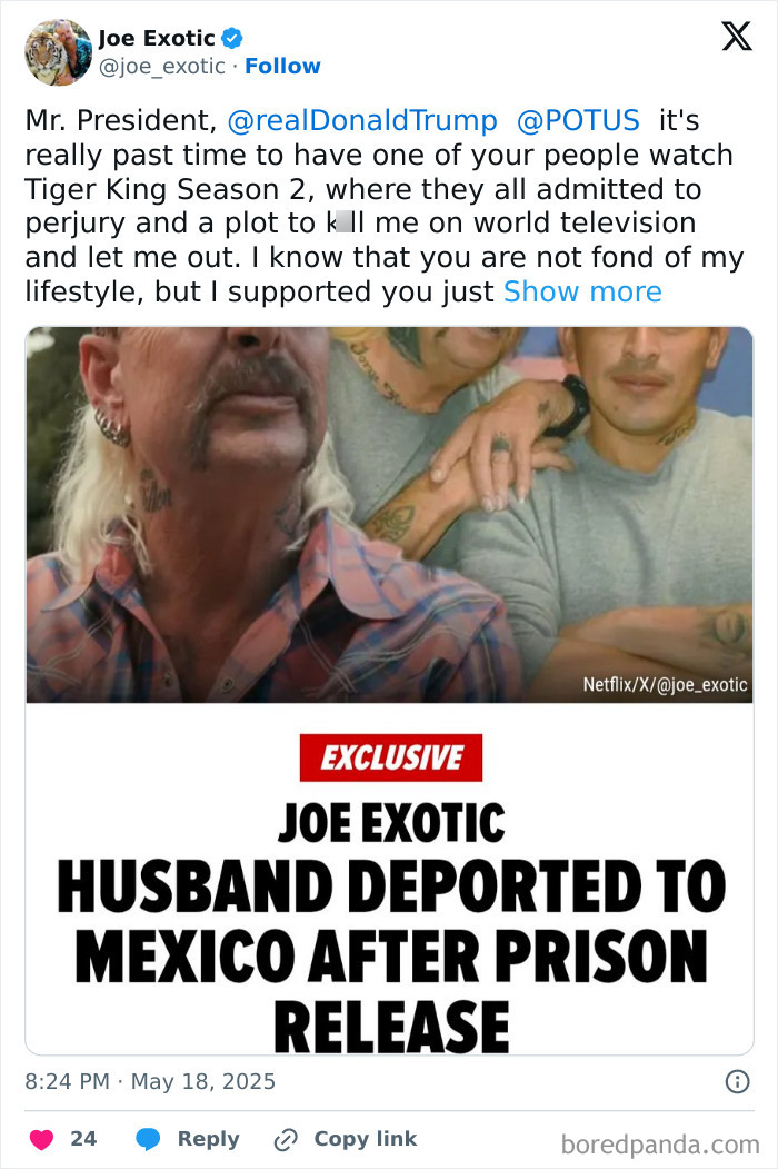 Joe Exotic's husband deported to Mexico soon after their prison wedding and release, linked to Trump administration actions.