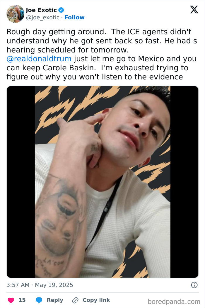 Joe Exotic&rsquo;s husband posing with tattooed arm, discussing Trump deportation and ICE agents in a social media post.