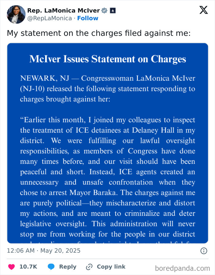 Rep LaMonica McIver responds to charges after ICE facility visit amid GOP warnings of more arrests.