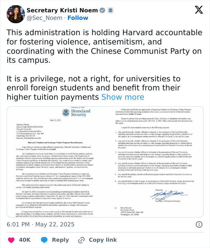 Tweet by Secretary Kristi Noem discussing the administration&rsquo;s actions targeting international students at Harvard University.