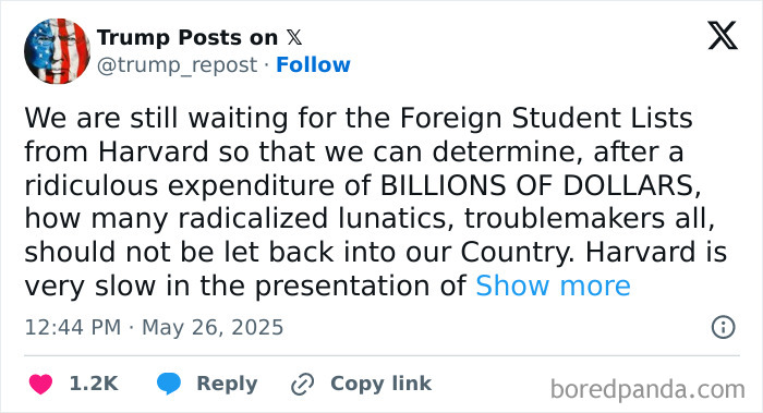 Tweet discussing foreign student lists from Harvard amid viral rumors about Barron&rsquo;s college search, related to Melania Trump.