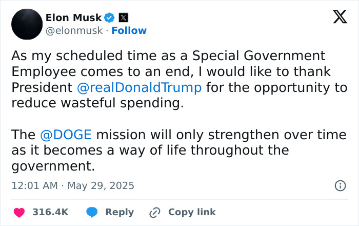 Elon Musk tweet on ending government role and supporting DOGE mission to reduce wasteful government spending.