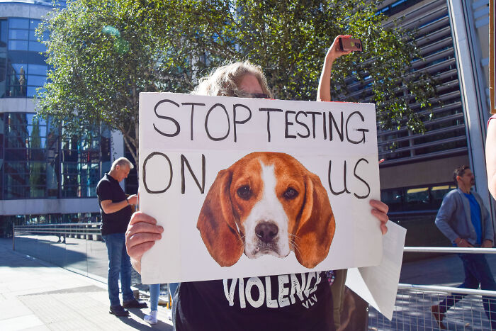 Protester holding a sign with a beagle image and message against testing, highlighting end of beagle testing lab.
