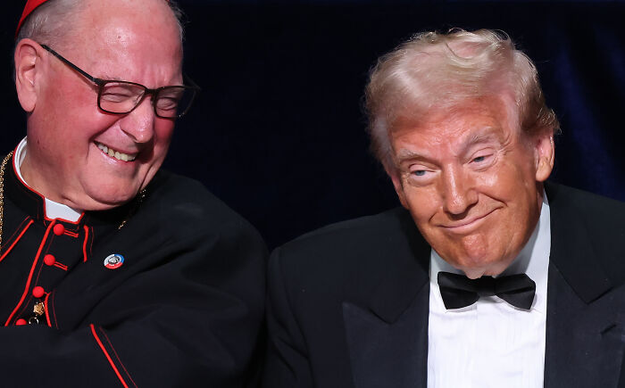 Former president with a Catholic cardinal, highlighting MAGA Catholics' push for preferred pontiff in Rome.