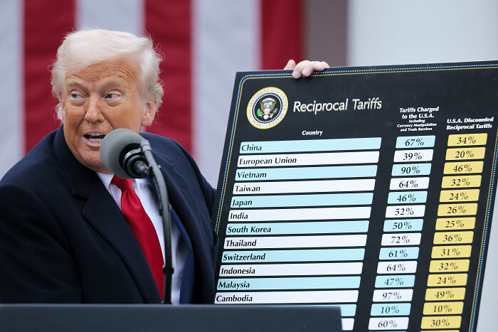 Donald Trump holding a reciprocal tariffs chart while speaking at a podium, capturing a moment of interaction with reporters.