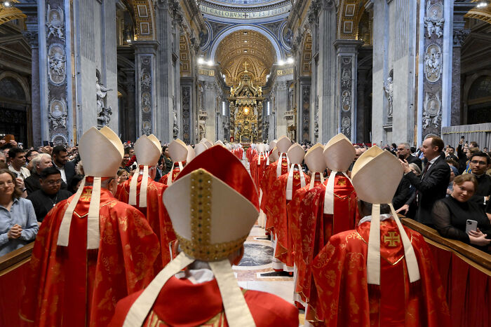 Catholic cardinals in red vestments processing inside a grand church, highlighting MAGA Catholics in Rome advocacy.