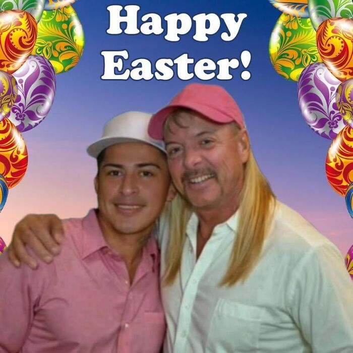Joe Exotic and his husband smiling together with colorful Easter eggs and Happy Easter text in the background