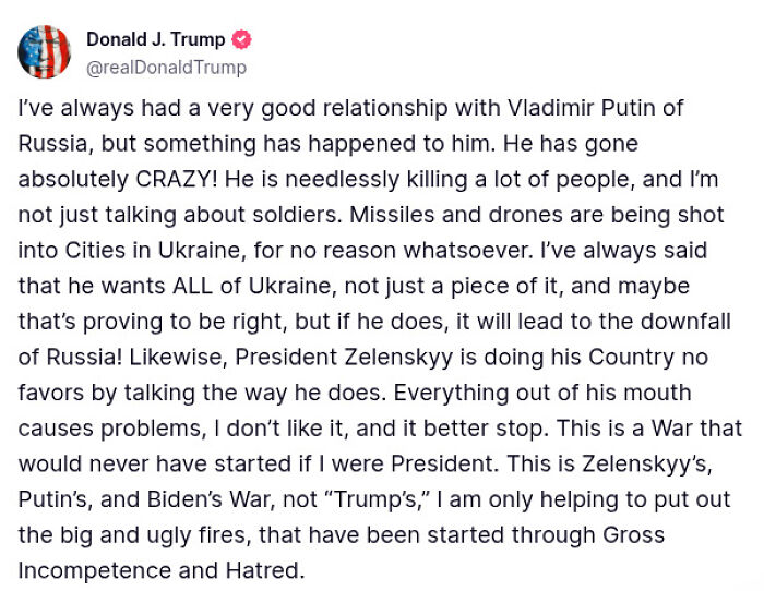 Alt text: Screenshot of Donald Trump&rsquo;s tweet slamming Vladimir Putin as absolutely crazy after largest Russian attack on Ukraine.