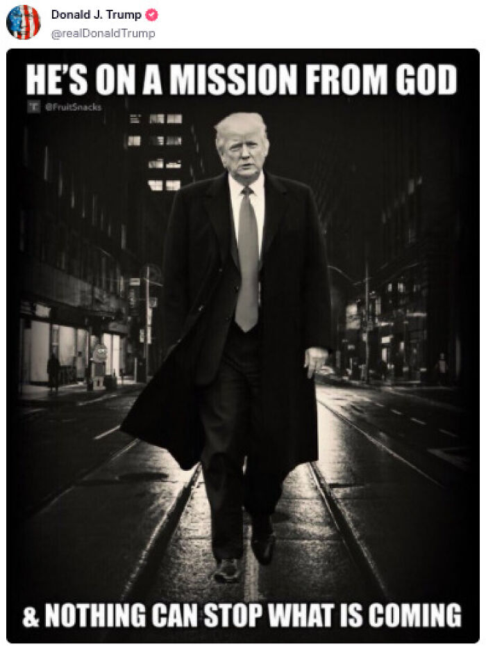 Donald Trump walking down a city street at night in a long coat, related to court smackdown on tariffs mission.