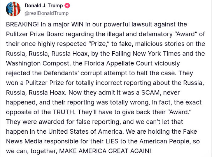 Tweet by Donald Trump addressing court decisions and media, brushing off court smackdown on tariffs mission.