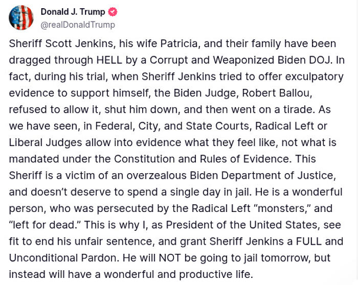 Alt text: Tweet from Donald Trump defending sheriff amid bribery accusations for law enforcement badges and granting a full pardon.