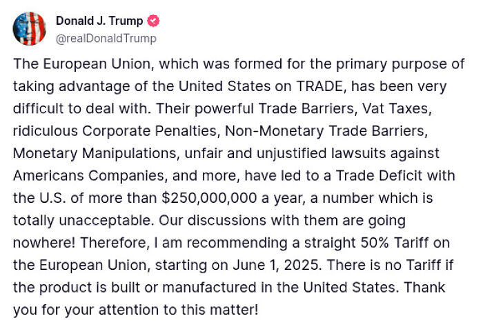 Donald Trump tweets about trade barriers and tariffs on the European Union, addressing trade deficit concerns.