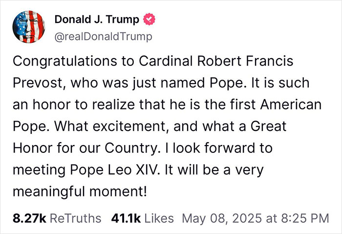 Tweet from Donald Trump congratulating Robert Prevost as the first American pope amid JD Vance election response and anti-Trump posts.
