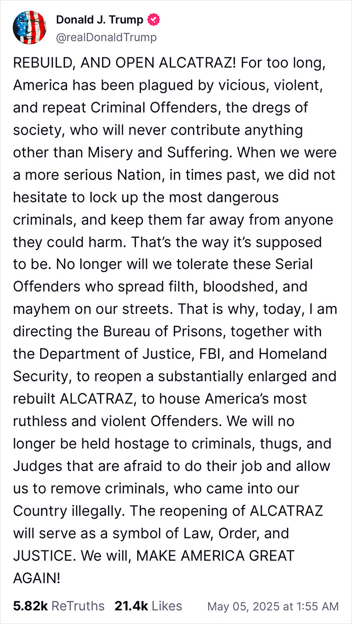 Donald Trump announces plans to reopen and expand notorious Alcatraz prison amid deportation and law enforcement efforts.