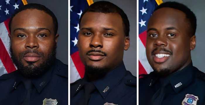 Portrails of three Memphis police officers in uniform with American flags behind, related to Tyre Nichols killing case.