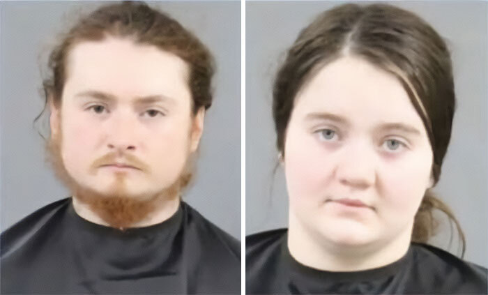 Mugshots of two individuals linked to a case involving a baby found in a disgusting home with a rotting goat carcass.