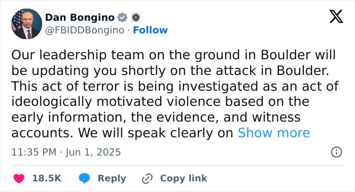 Tweet from Dan Bongino about FBI investigation into flamethrower attack at Colorado protest for Israeli hostages.