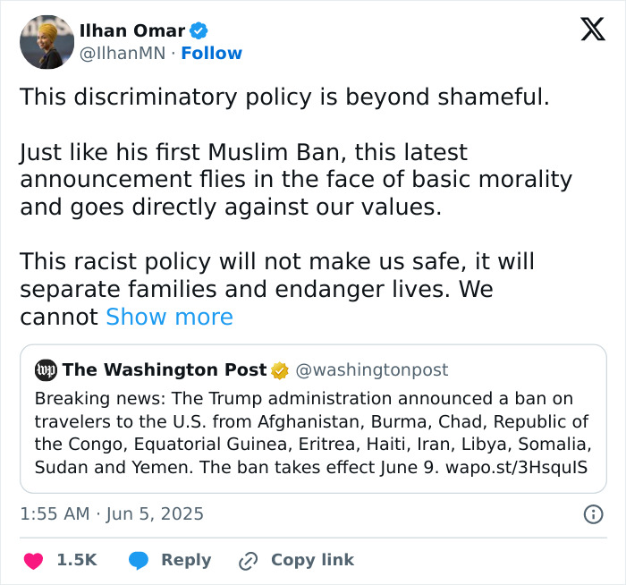 Tweet criticizing Trump&rsquo;s travel ban policy limiting people from 19 countries entering the US, shared by Ilhan Omar.