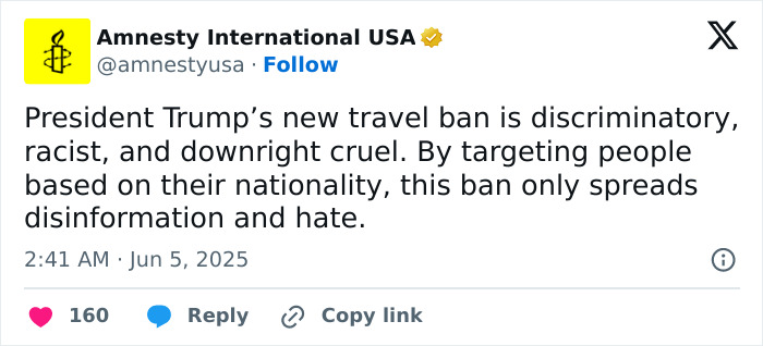 Tweet from Amnesty International USA criticizing Trump&rsquo;s sweeping travel ban limiting people from 19 countries entering the US.