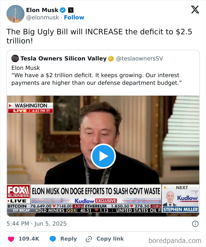 Elon Musk discussing government deficit and policy on Fox Business in a televised interview, highlighting rivalry and friendship.